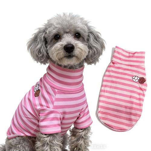 Turtleneck Dog Shirt Cute Doggie Embroidery Super Soft Dog Sweatshirt Stretchy Striped Puppy Pullover for Cats Small Medium Large Dogs (Pink Striped, Large) - color: Pink Striped, size: Large