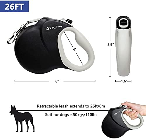 PetiFine Retractable Dog Leash for Large Dogs, 26 FT Heavy Duty Extendable Dog Leash up to 110lbs, Reflective Strong Nylon Tape, One-Handed Brake - color: Black