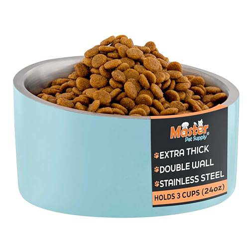 Master Pet Supply Stainless Steel Slanted Dog Cat Food Bowl - 24 oz Heavy Duty - Aqua Sky, Double Wall Insulated, Non-Slip Elevated Bowl for French Bulldogs Pugs Cats, Anti Rust Dishwasher Safe - color: Aqua Sky, size: 3 Cups (24 oz)