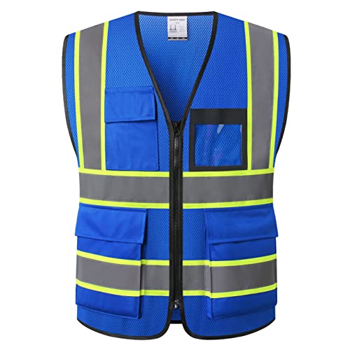 Reflective Safety Vest for Men Women Hi Vis Vest with 8 Pockets High Visibility Mesh Reflective Vest Meets ANSI/ISEA Standards (Blue-07, Medium) - color: Blue, size: Medium