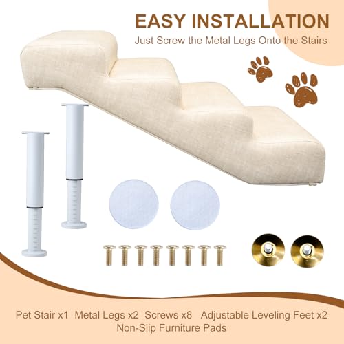 Linen Faux Leather Adjustable Dog Stairs & Steps for Bed and Sofa,4-Step | Adjustable Height 14.5"-17.7" Pet Ramp for Small to Large Dogs,150lbs Load Capacity,Waterproof, Scratch-Resistant