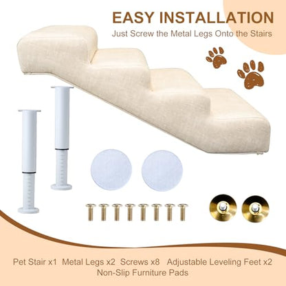 Linen Faux Leather Adjustable Dog Stairs & Steps for Bed and Sofa,4-Step | Adjustable Height 14.5"-17.7" Pet Ramp for Small to Large Dogs,150lbs Load Capacity,Waterproof, Scratch-Resistant