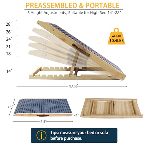 ZJSF Foldable Wooden Dog Ramp for High Bed, Dog Stairs for Small Dogs, High Traction Platform with 6 Adjustable Heights (14"-28"), 48" L, Supports up to 200 lbs - size: 48"L X 16.5"W