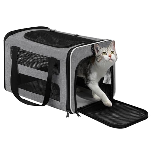 Cat Carrier Soft-Sided Travel Bag for Medium to Large Cats Over 15lbs, Small Dog Carrier Crate Top Entry Breathable Mesh Puppy 12 Pounds, Pet Rabbit Carrying Cage Kennel Collapsible Grey - color: Grey