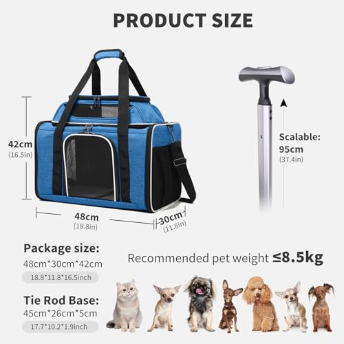 PETCUTE Large Dog Cat Carrier with Wheels,Foldable Rolling Pet Carrier for Cat Dog Under 18 lbs,Breathable Cat Carrier Travel Bag with Telescopic Handle and Mesh Pocket for Outdoor Walking Travel