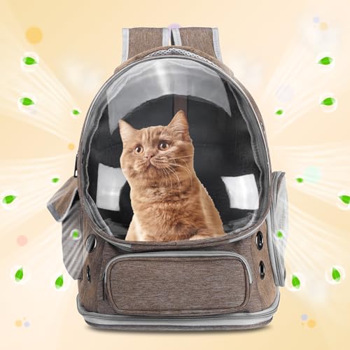 Pet Backpack Carrier, Portable and Ventilated, Oxford Cloth, Dog Cat Travel Bag with Transparent Cover 13.39", (Khaki, 1 Pcs), Intended for Hiking/Camping/Traveling - color: Khaki
