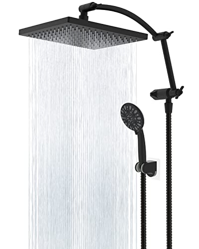 Hibbent Thickness 10'' Rain Shower Head, High Pressure Handheld Spray, Showerhead Combo with 16'' Adjustable Arc Shower Extension Arm, 7 Settings, 71'' Hose, Adhesive Shower Holder, Matte Black