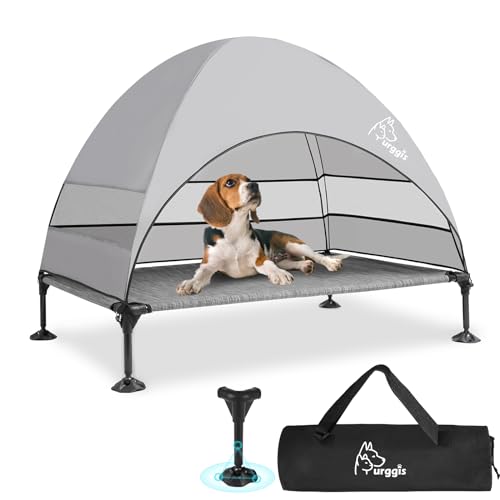 Upgraded Elevated Dog Bed with Canopy, Portable Raised Outdoor Dog Bed with Stable Anti-Slip Feet, Wider Shade Pet Bed Cot, Raised Dog Beds for Large Dogs Camping, Indoor & Outdoor Use - color: Dog Canopy-Black & Grey, size: 42.0"L x 30.0"W x 33.0"Th