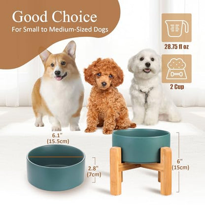 Ceramic Elevated Raised Cat Bowl with Wood Stand No Spill Pet Food Water Feeder Cats Small Dogs - color: Green, size: Medium