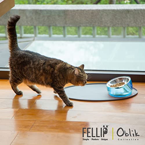 Felli Pet Oblik Whisker Fatigue Cat Food Bowl Raised Stainless Steel Shallow Dish, Pet Design Anti Vomit Tilted Metal Plate Feeder Elevated Acrylic Base(Sapphire, 0.5 Cups Shallow Dish) - color: Sapphire, size: 0.5 Cups Shallow Dish
