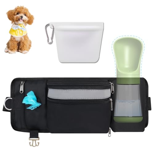 Dog Treat Pouch for Leash Waist Belt Bag, Premium Dog Treat Bag for Dogs Training Puppy Walking Fanny Pack with Divider Zipper Carrier Pocket, Water Bottle Holder, Silicone Insert,Clip,Black