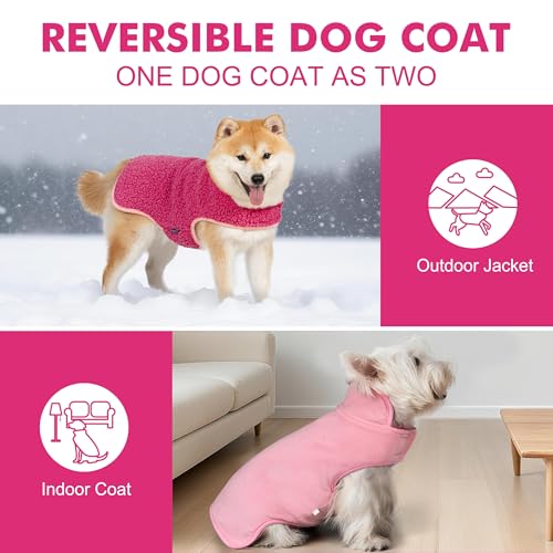 cyeollo Warm Dog Coat Sherpa Dog Winter Coat, Reversible Fleece Dogs Jackets Sweater Vest for Small Dogs Male with Leash Hole, Soft Cold Weather Pet Clothes, Fuchsia L - color: Fuchsia, size: Large (16-21lbs)