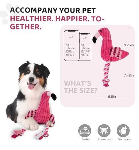 Squeaky Dog Toys - Plush Dog Toys with Soft Durable Fabric for Small Medium Large Breeds, Interactive Tug of War Rope Chew Toys, Teeth Cleaning, Dental Care, and Keep Dogs Busy (Flamingo-Red)