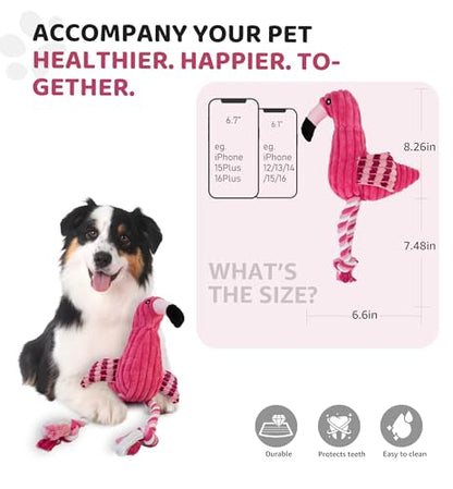 Squeaky Dog Toys - Plush Dog Toys with Soft Durable Fabric for Small Medium Large Breeds, Interactive Tug of War Rope Chew Toys, Teeth Cleaning, Dental Care, and Keep Dogs Busy (Flamingo-Red)