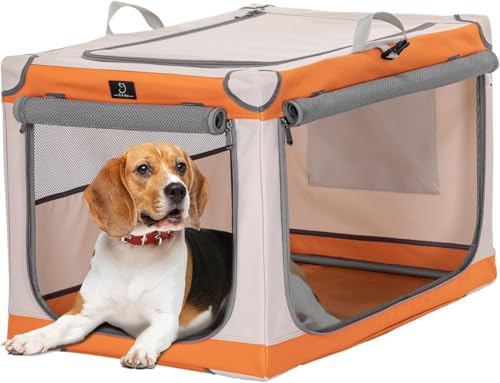 30" Collapsible Dog Crate for Medium Dogs - Portable Soft Travel Kennel with Lockable Zippers, Waterproof Base, Washable Cover, Patented Screw Frame for Adjustable Tension, Outdoor, Indoor, Car Use - color: Orange+Beige, size: 30.0"L x 20.0"W x 19.0"H