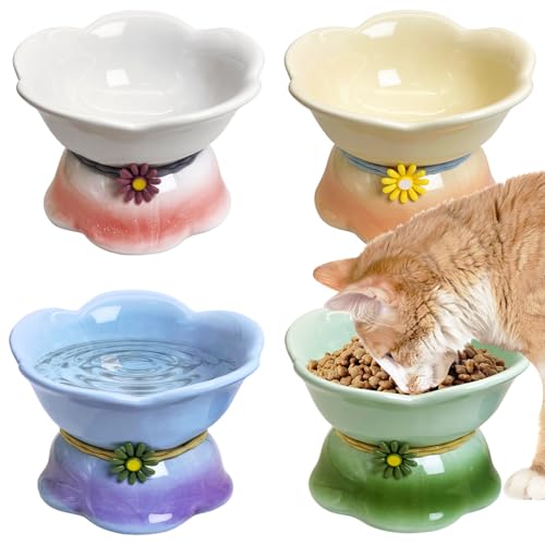 Kathson 4 Pcs Ceramic Raised Cat Food Bowls Elevated Kitty Bowl for Food and Water Anti Vomiting Tilted Cat Bowl for Kittens and Small Dogs Dishwasher and Microwave Safe (8.45 Ounces) - size: Blue,Green,Peach,Pink