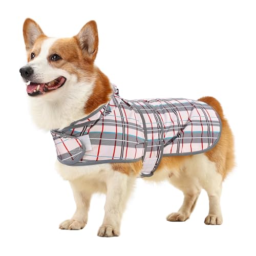 Dog Raincoat, Waterproof Dog Rain Jacket with Hood, Adjustable Rain Coat Poncho with Reflective Strips & Leash Hole for Large Medium Small Dogs Puppies, Lightweight Pet Clothes - color: Khaki Plaid, size: Large