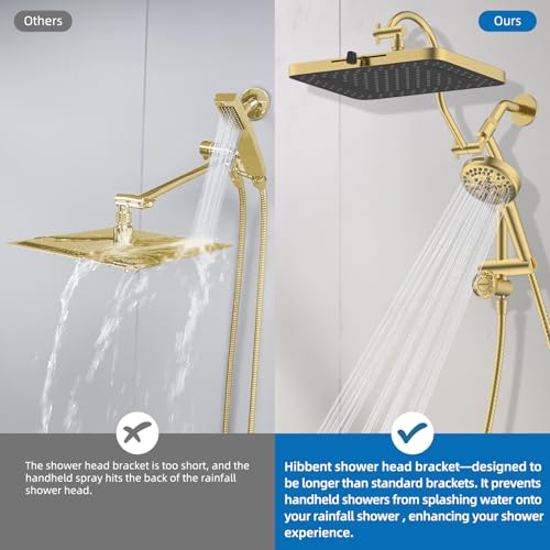 Hibbent cUPC Certified 13'' Shower Head Combo, High Pressure 5 Spray Rainfall Showerhead, 10 Spray Handheld, All Metal Easy Reach 4-way Diverter Arm with Pause Mode, 71'' Hose and Holder, Brushed Gold - color: Brushed Gold, style: Square 13"