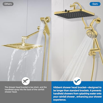 Hibbent cUPC Certified 13'' Shower Head Combo, High Pressure 5 Spray Rainfall Showerhead, 10 Spray Handheld, All Metal Easy Reach 4-way Diverter Arm with Pause Mode, 71'' Hose and Holder, Brushed Gold - color: Brushed Gold, style: Square 13"
