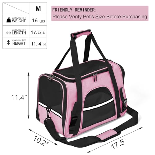 Dog Cat Carrier Soft for Small Pet Up to 16 Lbs TSA Airline Approved Travel Carrier Collapsible Puppy Car Mesh Bag 17.5 * 10.2 * 11.4 inch - Pink - color: Pink