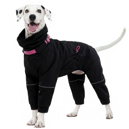 Kouser Waterproof Full-Body Coverage Dog Raincoat, Black M | Dog Raincoat with Reflective Stripes, Adjustable Dog Rain Jacket with Leash D-Ring, Hooded Poncho for Small Medium Large Dogs - color: Black, size: Medium(Back Length:14.17")