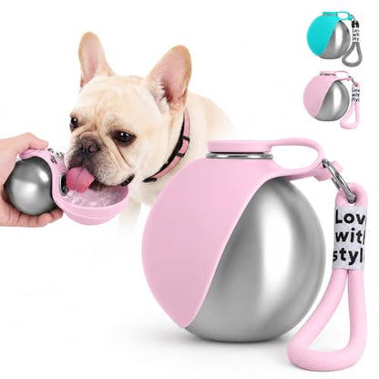 Portable Dog Water Bottle, 10 oz Stainless Steel Pet Travel Dispenser with Silicone Foldable Bowl, Leak Proof Tumbler, Dog Walking Accessories for Hiking and Small Pets (Pink) - color: Pink