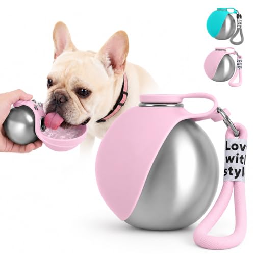 Portable Dog Water Bottle, 10 oz Stainless Steel Pet Travel Dispenser with Silicone Foldable Bowl, Leak Proof Tumbler, Dog Walking Accessories for Hiking and Small Pets (Pink) - color: Pink