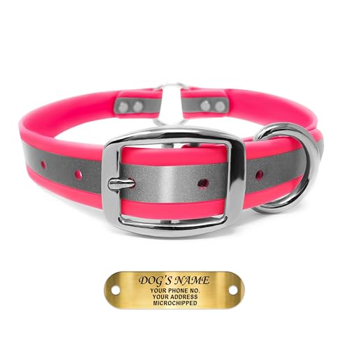 Regal Dog Products Medium Pink Reflective Dog Collar with Custom Engraved Name Plate and Heavy Duty Center Ring | Waterproof Biothane Personalized Dog Collars - Other Sizes for Small & Large Dogs - color: Pink, size: Medium