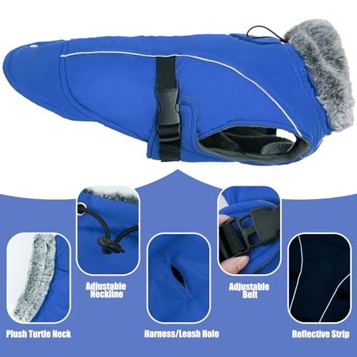 DENTRUN Warm Dog Winter Coat, Easy On Reflective Turtleneck Fleece Jacket | Adjustable buckle, easy on off, windproof & water-repellent, thick fleece snowsuit, outfit fits small to large breeds - color: Blue, size: Large