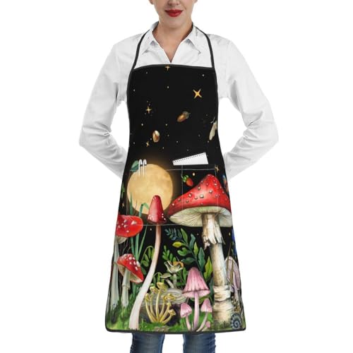 Women Men Bib Aprons Chef Cooking Apron With Pockets For Kitchen Grilling Bbq Painting Gardening - color: Mushroom