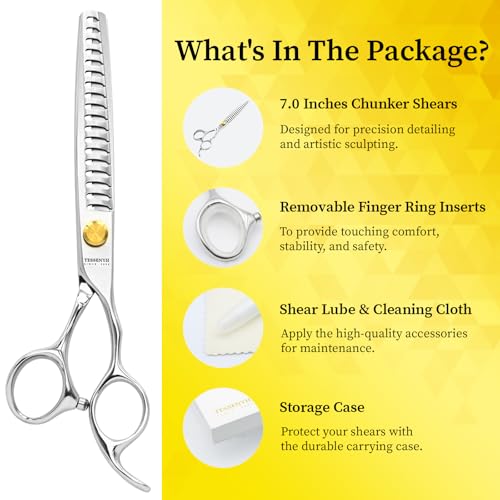 Dog Grooming Scissors, 7.0" 18 Teeth Chunker Shears, Premium Stainless Steel, Safety Rounded Tip & Offset Handles for Precision Trimming Dogs, Cats, Pet at Home - size: 7.0 Inch, style: Chunker