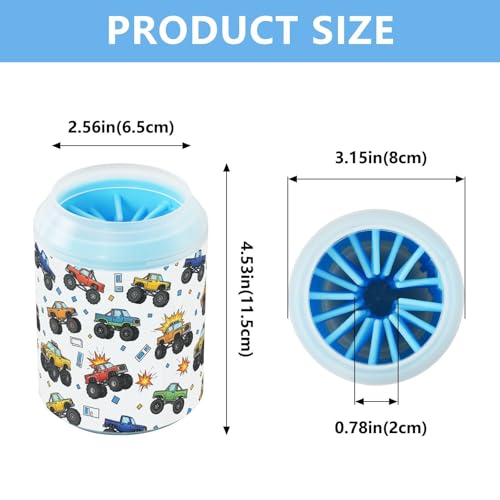 Monster Trucks White Pattern Dog Paw Cleaner Cup with Soft Silicone Brush, Lightweight Small Portable Muddy Paw Washer for Dogs, Easy to Use Pet Foot Cleaner