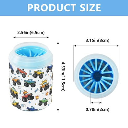 Monster Trucks White Pattern Dog Paw Cleaner Cup with Soft Silicone Brush, Lightweight Small Portable Muddy Paw Washer for Dogs, Easy to Use Pet Foot Cleaner