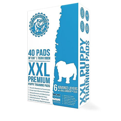 Bulldogology Premium XXL Puppy Pads with Adhesive Tabs - Dog Pads Extra Large (30x36) - Leak Proof Dog Pee Pads Extra Large - Ultra Absorbing Extra Large Puppy Pads (40-Count, White) - size: 40-Count (30x36)