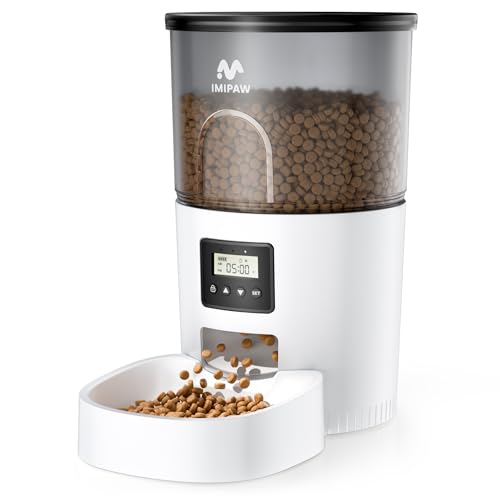 IMIPAW Automatic Cat Feeders, Timed Cat Dry Food Dispenser with Desiccant Bag, Dual Power Supply, Programmable Portion Size, 6 Meals, 20 Portions Per Day, Auto Pet Feeder for Cats and Small Dog, White - color: White, size: 3l