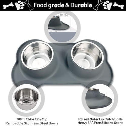 AsFrost Dog Food Bowls Stainless Steel Dog Food & Water Bowl Set with No Spill No Slip Silicone Mat, Dog Dishes for Small Medium Size Dogs Pet Cat Puppy Food Feeding Bowls, Grey, 24oz, 3 Cup - color: Grey, size: 3 Cup/27 oz each