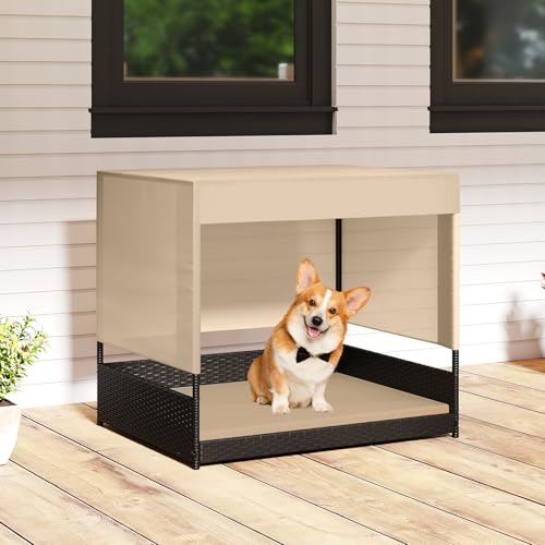 Tangkula Elevated Wicker Dog House for Small to Medium Breeds, Raised Rattan Pet Sofa Bed with Removable Cushion, Canopy Roof, Indoor & Outdoor Puppy Cat Shade Shelter for Patio, Yard, Garden
