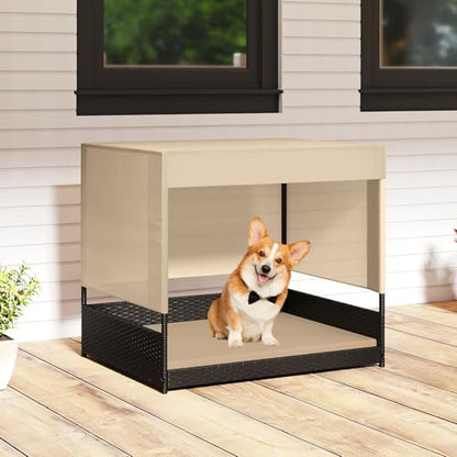 Tangkula Elevated Wicker Dog House for Small to Medium Breeds, Raised Rattan Pet Sofa Bed with Removable Cushion, Canopy Roof, Indoor & Outdoor Puppy Cat Shade Shelter for Patio, Yard, Garden