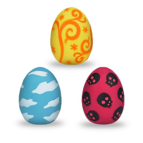 SunGrow Squeak Balls for Dogs, Companion for Puppies and Small Breeds, 3 Assorted Easter Egg Designs, Indoor, Outdoor Interactive Throw and Fetch Orbs, Soft Rubber, Blue, Pink and Yellow, 2.5x1.5