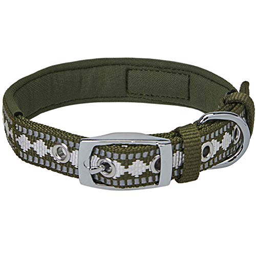 Blueberry Pet Reflective Jacquard Dog Collar with Neoprene Padding & Metal Buckle | Soft & Adjustable Safety Collar - Olive, Neck 9-12.5", for Small Breed - color: Metal Buckle-Olive, size: Small