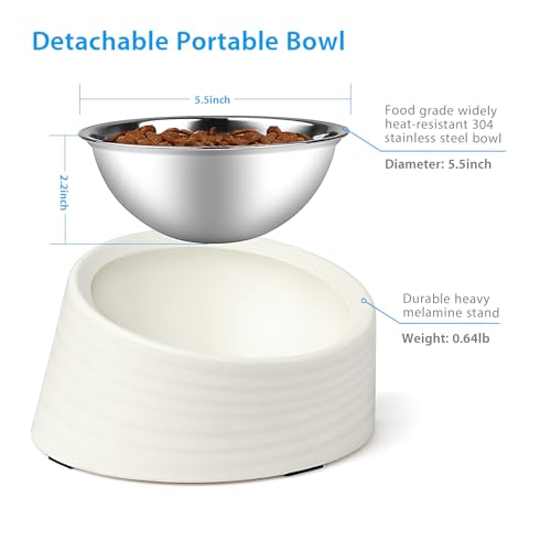 Uppetly Tilted Slanted Dog Bowl 1 Cup, 15° Tilted Stainless Steel Dog Cat Food Bowl, Non-Slip & Non-Spill Pet Feeder with Elevated Detachable Melamine Stand, Easy to Get Food Dish, Medium White