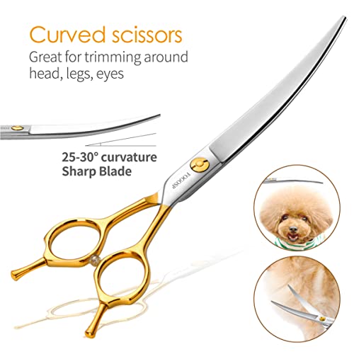 Dog Grooming Scissors Kit 4pcs 7 inch Professional Dog Grooming Shears Set Curved Thinning Straight Chunkers for Dogs Cat Pets (7 in Kit, Gold) - size: 7 inch, style: Kit