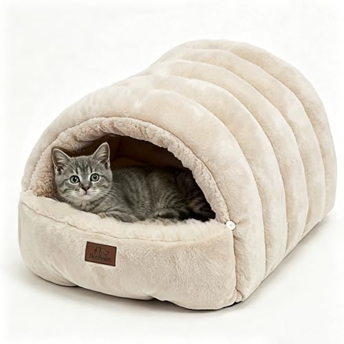 Covered Cat Bed Cave for Indoor Cats, 2-in-1 Enclosed Pet Bed for Kittens with Zippered Washable Cat Mats, Cat House Bed, Beige - color: Beige, size: 19.7x13.8