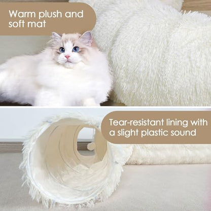 Cat Tunnel Bed for Indoor Cats, Peekaboo Cat Cave with Washable Soft Play Mat, Furry Cat Tube, for Kitten/Puppy/Rabbit, Beige - color: Beige