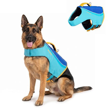 Tuff Pupper Dog Life Jacket | High Buoyancy Dog Swim Vest with Rescue Handle | Adjustable Secure Fit | Reflective Safety Trim | Pet Flotation Jacket for Swimming Boating Kayaking (Blue/Yellow, XL) - size: X-Large