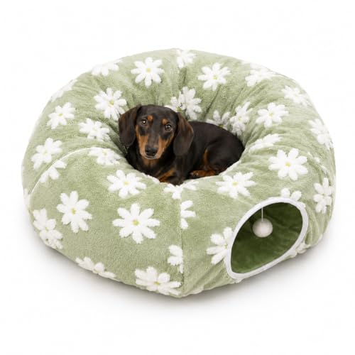 SnugTail Dachshund Tunnel Bed, Flower Design Plush Foldable Dog Cave Bed for Anti-Anxiety, Washable Covered Bed for Miniature Dachshunds, Puppies, Cats, Self-Warming Mat