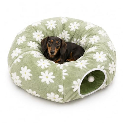 SnugTail Dachshund Tunnel Bed, Flower Design Plush Foldable Dog Cave Bed for Anti-Anxiety, Washable Covered Bed for Miniature Dachshunds, Puppies, Cats, Self-Warming Mat