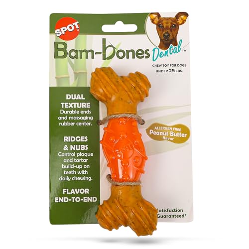 SPOT Bam-Bones Dental Bone - Made with Bamboo Fiber and a Massaging Rubber Center, Durable Oral Care Dog Chew for Light Chewers & Teething Puppies Under 25lbs, 6in Allergen Free Peanut Butter Flavor - size: Medium