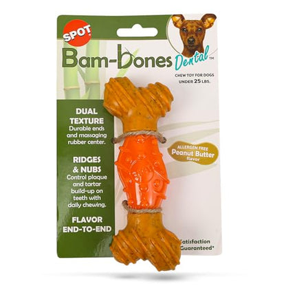 SPOT Bam-Bones Dental Bone - Made with Bamboo Fiber and a Massaging Rubber Center, Durable Oral Care Dog Chew for Light Chewers & Teething Puppies Under 25lbs, 6in Allergen Free Peanut Butter Flavor - size: Medium
