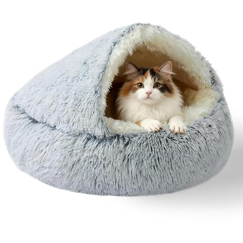 Cat Beds for Indoor Cats - Self Warming and Calming Small Dog Bed with Cover Cave, Cat Cave Bed for Puppy and Kitty,Cozy Fluffy Pet Beds for Small Dogs, Waterproof Bottom Washable 26×26inch - size: 65cm-gray